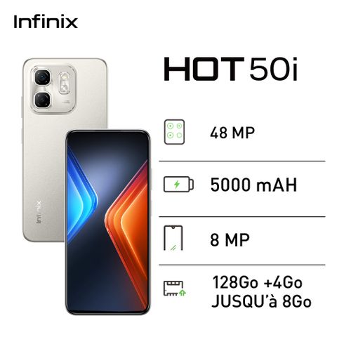 Infinix HOT 50i - 128Go + 4Go - 8 MP - 5000 MAh - Gris - 25 Mois Garantie